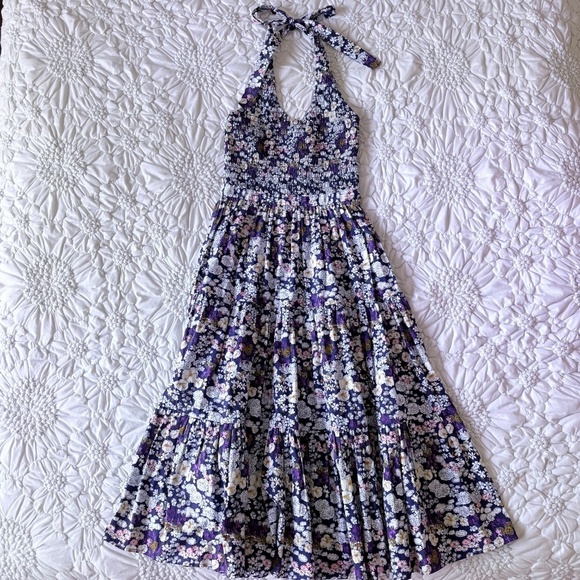 LES RÊVERIES  Halter Midi Dress "Floral Fields' Smocked Bodice 100% Cotton - Picture 4 of 14